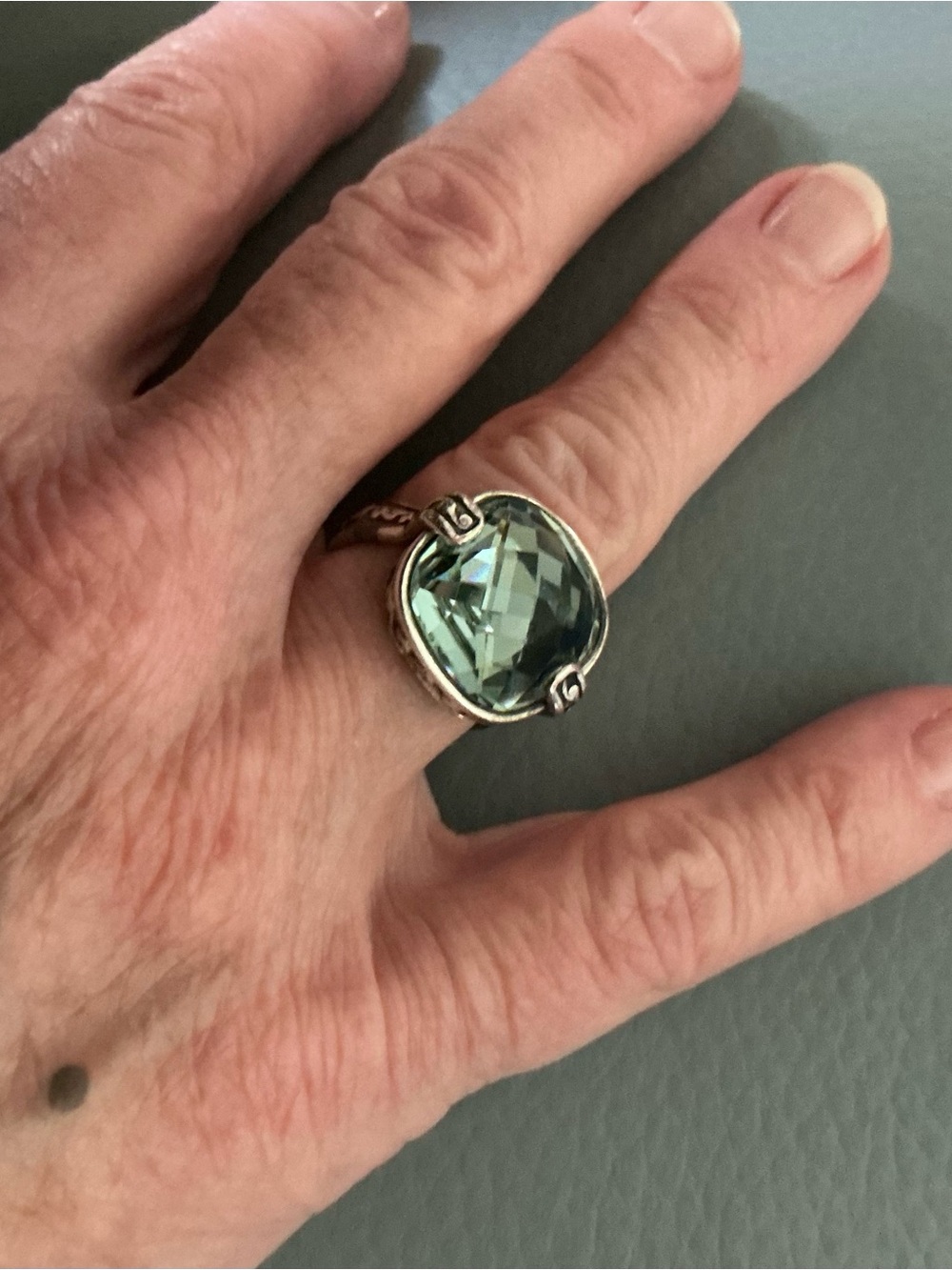 Brighter Silver Ring with Cushion-Cut Blue-Green Topaz stone